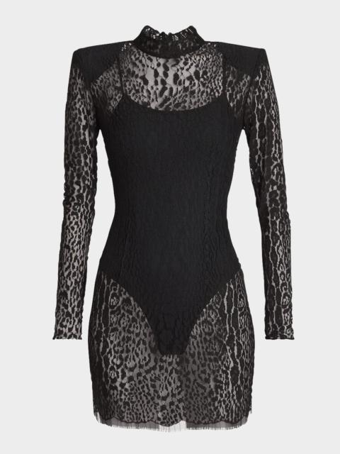 Balmain Leopard Lace Strong-Shoulder Mini Dress