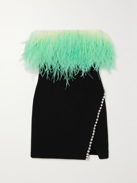 self-portrait Feather-trimmed crystal-embellished crepe mini dress Black