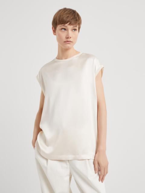 Stretch silk satin T-shirt with monili