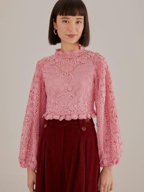 FARM RIO Blush Pink Guipure Long Sleeve Blouse
