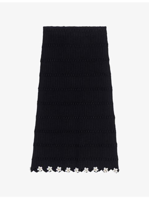 maje Jewelled-Flower Scalloped-Edge Knitted Midi Skirt