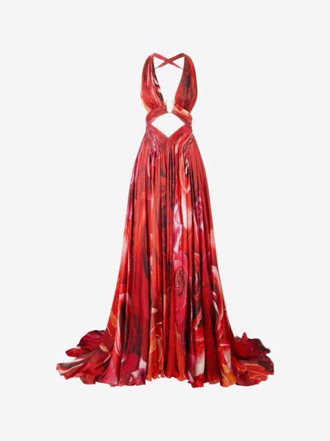 Roberto Cavalli Long Dress With Rose Print And Cut-Out
