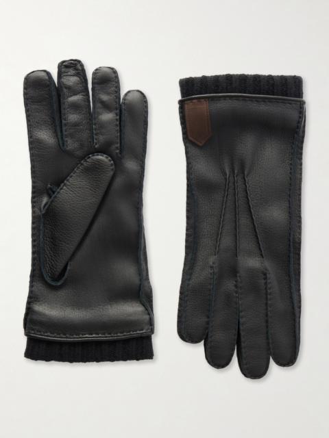 Canali Ribbed Cashmere-Trimmed Leather Gloves Black