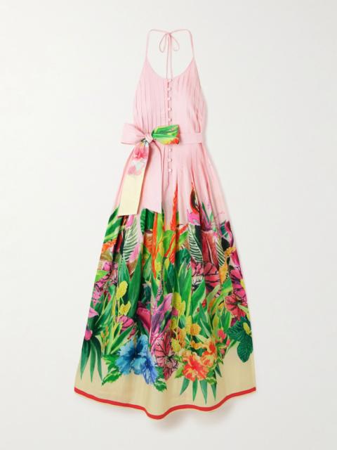 LORETTA CAPONI Patmos belted floral-print cotton-poplin halterneck maxi dress Multi