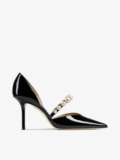 JIMMY CHOO Aurelie 85
Black Patent Leather Pointed Pumps with Pearl Embellishment