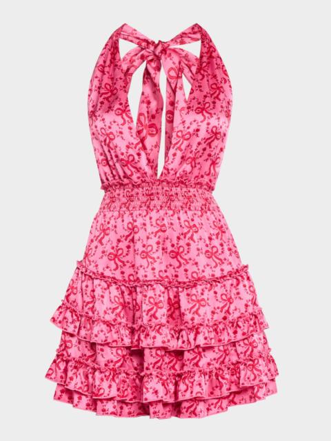 LoveShackFancy Quintelle Silk Bow-Printed Halter Mini Dress