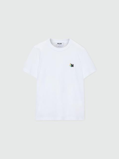 MSGM White short-sleeve cotton jersey T-shirt with Mwave logo embroidery on the chest