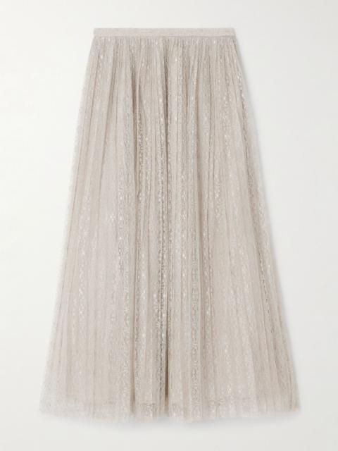ULLA JOHNSON Maren pleated metallic lace midi skirt Gray