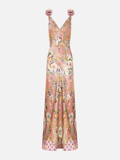 CAMILLA V NECK BIAS SLIP DRESS WITH BACK FRILL CHAMBER OF BLOOMS