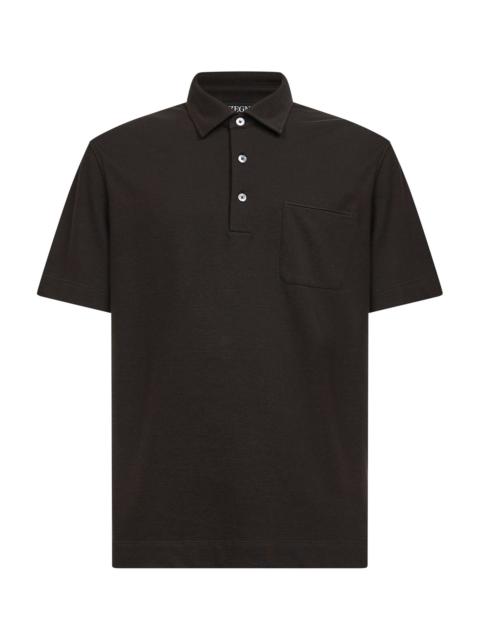 ZEGNA Dark brown cotton pique polo shirt with chest pocket