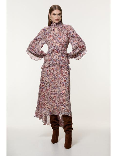 KAREN MILLEN Viscose Crinkle Paisley Frill Detail Maxi Dress