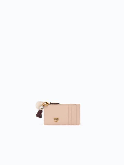 PINKO LEATHER CARD HOLDER WITH TASSEL AND POMPOM