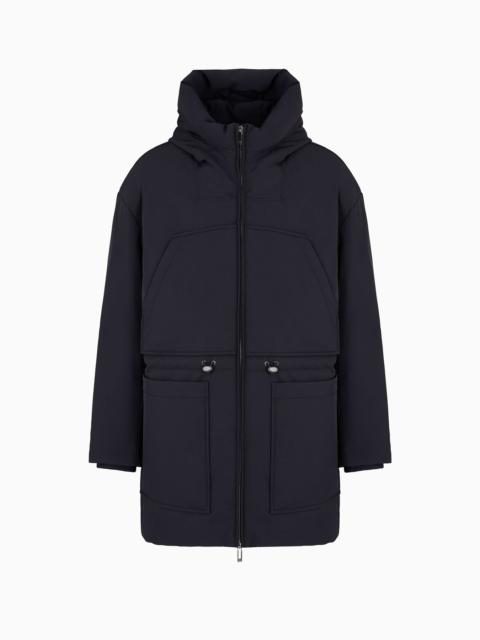 Three-quarter length hooded down jacket in water-repellent nylon twill