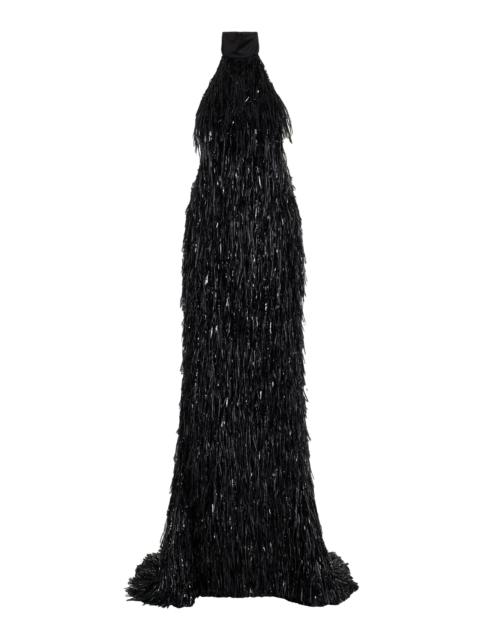 LaQuan Smith Fringed Satin Gown black