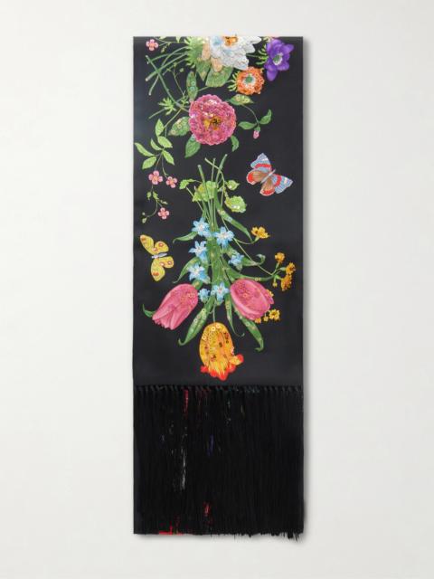 GUCCI Fringed Sequin-embellished Floral-print Silk-twill Scarf