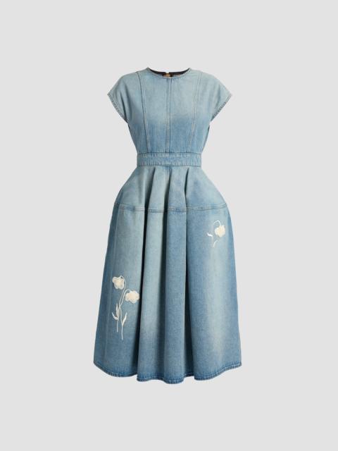 Erdem EMBROIDERED DENIM SHORT SLEEVE MIDI DRESS