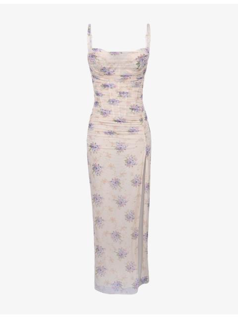 House of CB Lini Floral-Print Stretch-Mesh Maxi Dress