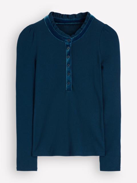 BODEN Velvet Ruffle Trim Henley Top-Sailor Blue