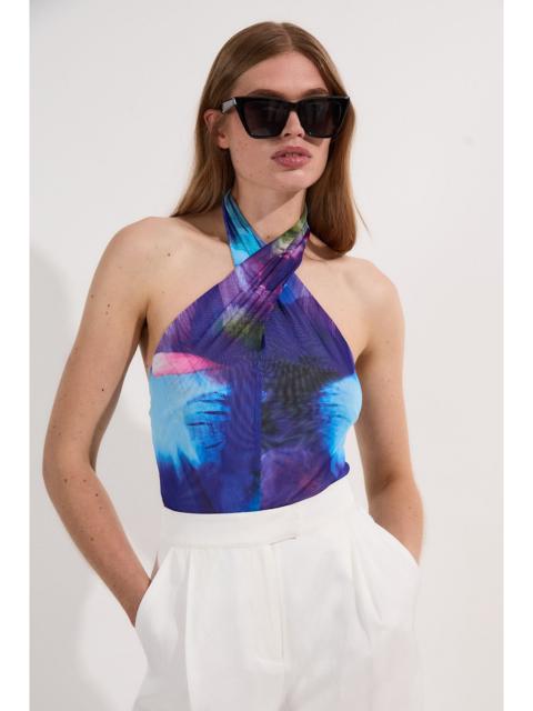 KAREN MILLEN Printed Mesh Cross Neck Bodysuit