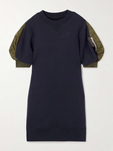 Zip-detailed shell-trimmed cotton-blend mini dress