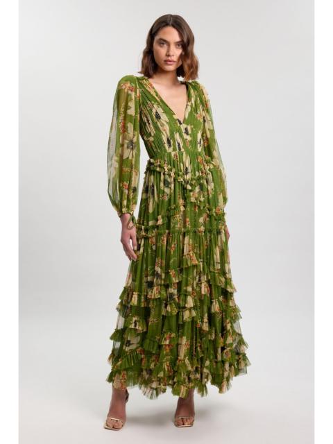KAREN MILLEN Tulle Layered Marble Print Long Sleeve Maxi Dress