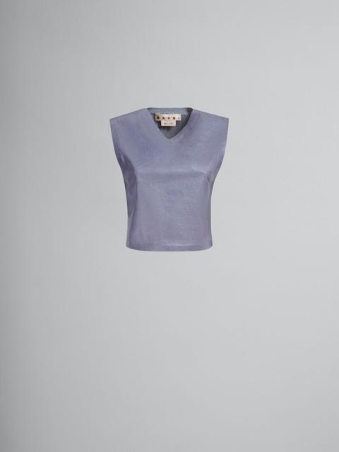 GREY LEATHER TOP WITH RIB-KNIT BACK