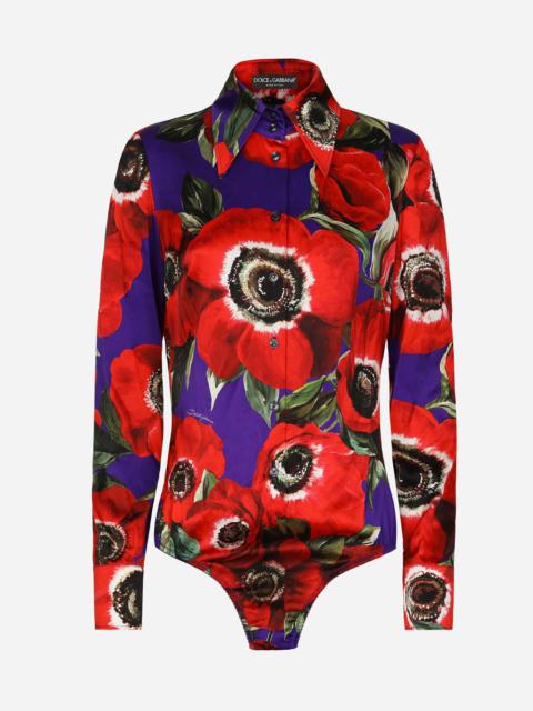 Satin shirt bodysuit with anemone print