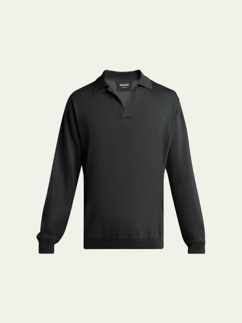 GIORGIO ARMANI Men's Silk and Cotton Knit Johnny Collar Polo Sweater