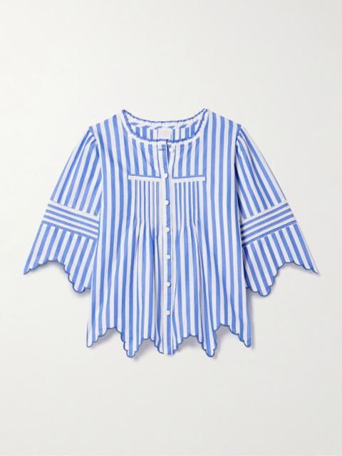 LORETTA CAPONI Matilde embroidered scalloped striped cotton shirt Blue