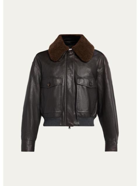 Brunello Cucinelli Waxed Leather Aviator Jacket With Lamb Shearling Collar