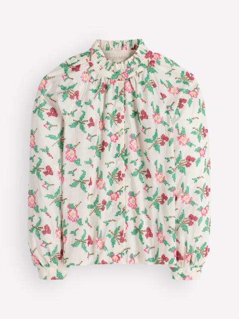 BODEN Erica Cotton Frill Top-White Cross Stitch Floral