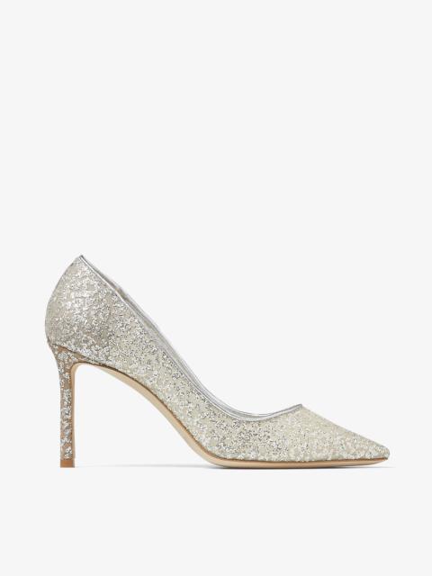 JIMMY CHOO Romy 85 Silver Glitter Tulle and Metallic Nappa Pointy-Toe Pumps