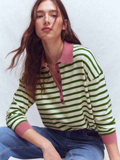 BODEN Lara Cotton Henley Jumper-Warm Ivory, Courtyard Stripe