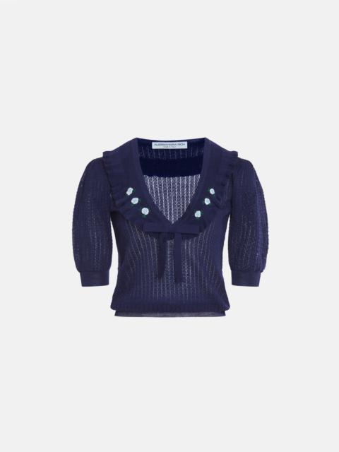 Alessandra Rich WOOL LACE KNIT V-NECK JUMPER WITH EMBROIDERY