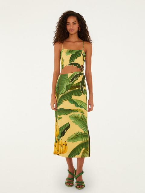 FARM RIO Soft Yellow Banana Leaves Maxi Dress