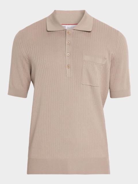 Brunello Cucinelli Men's Cotton Textured Rib-Knit Polo Shirt