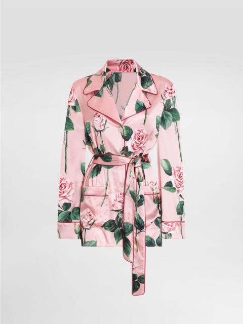 Rose-print satin pajama shirt