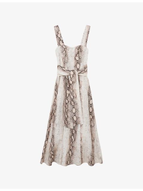 REISS Amy Snake-Print Linen-Blend Midi Dress