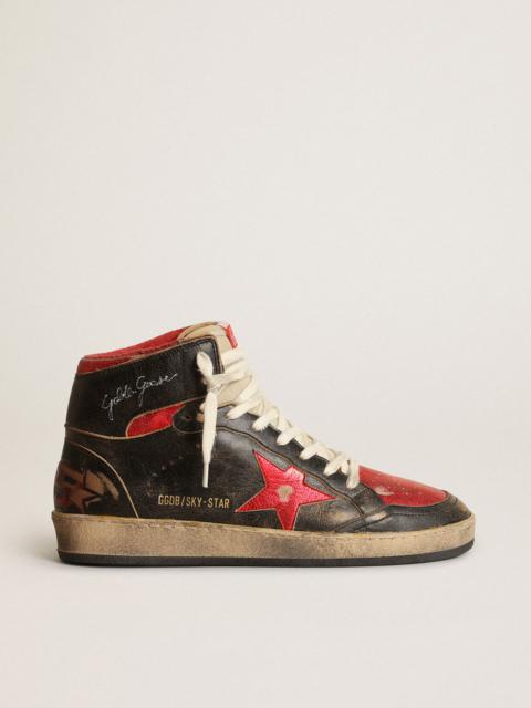 Women’s Sky-Star in black leather with red metallic leather star