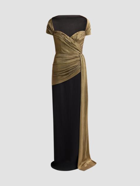 BADGLEY MISCHKA Women's Lamé Draped Off-Shoulder Gown - Black Gold