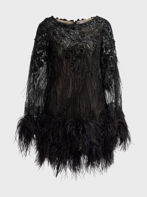 Marchesa Embellished Mesh Long-Sleeve Mini Dress with Feather Trim