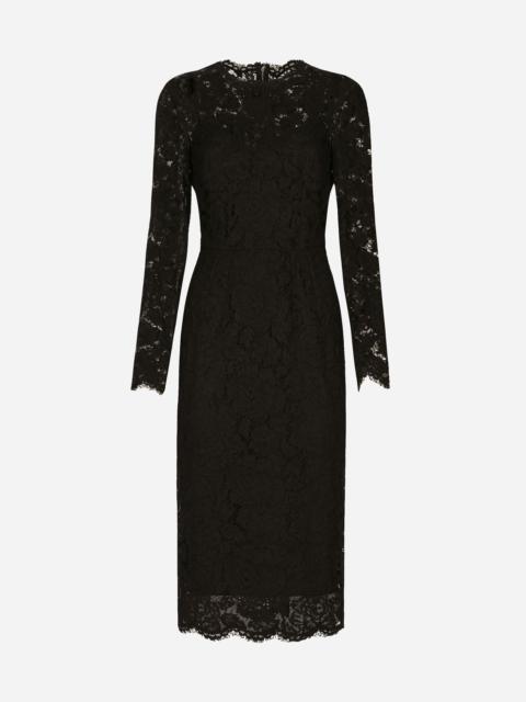 Long-sleeved calf-length dress in branded stretch lace