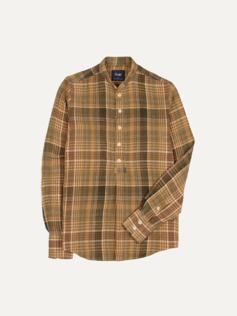 Drake's Brown Check Linen Mandarin Collar Popover Shirt