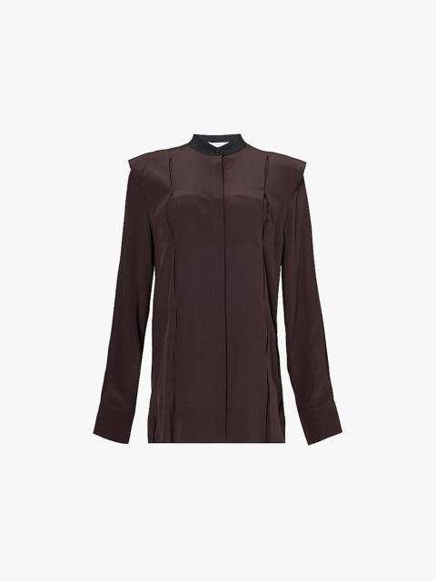 Contrast-collar padded-shoulders silk shirt