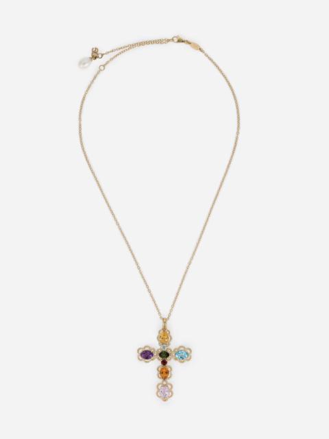 18 kt yellow gold cross pendant  with multicolor fine gemstones