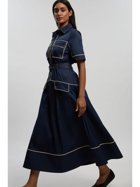 KAREN MILLEN Cotton Sateen Button Detail Woven Midi Shirt Dress With Contrast Piping
