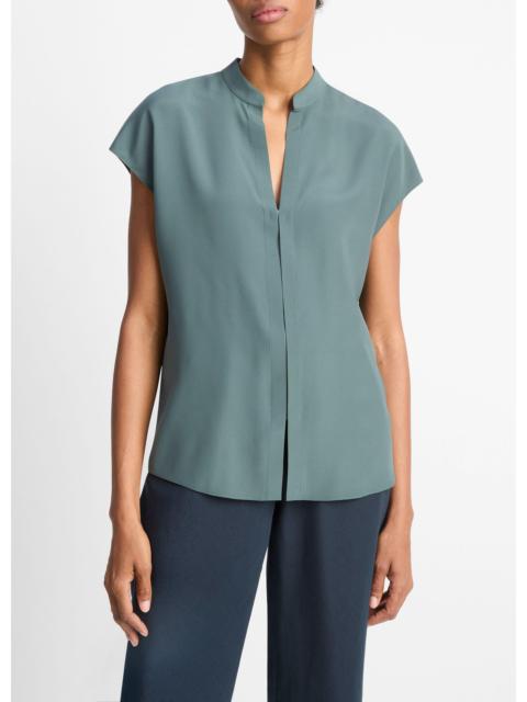 Vince Contrast-Placket Stretch-Silk Cap-Sleeve Blouse
