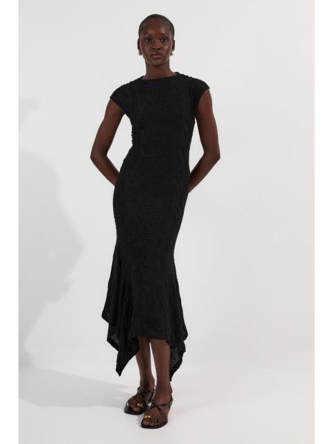 KAREN MILLEN Textured Hanky Hem Short Sleeve Trim Detail Jersey Maxi Dress