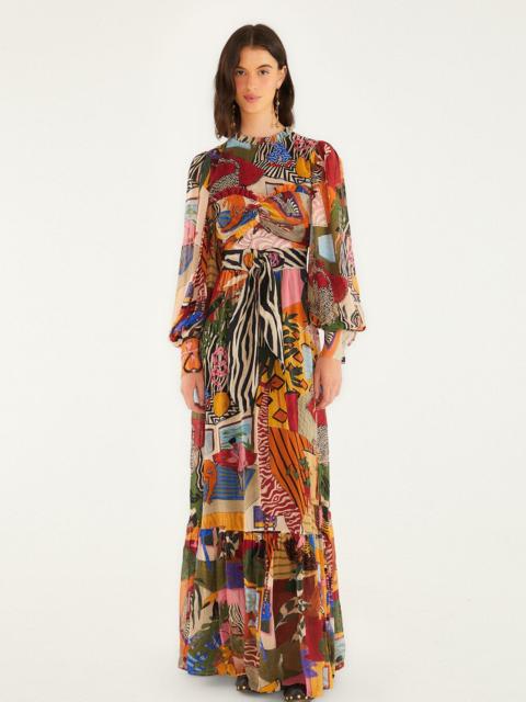 FARM RIO Tropical Multicolor Long Sleeve Maxi Dress