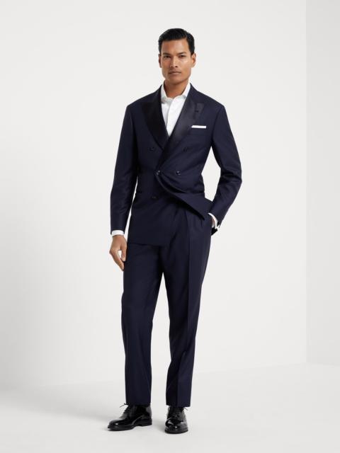 Lightweight virgin wool and silk twill tuxedo with one-and-a-half breasted jacket and double-pleated